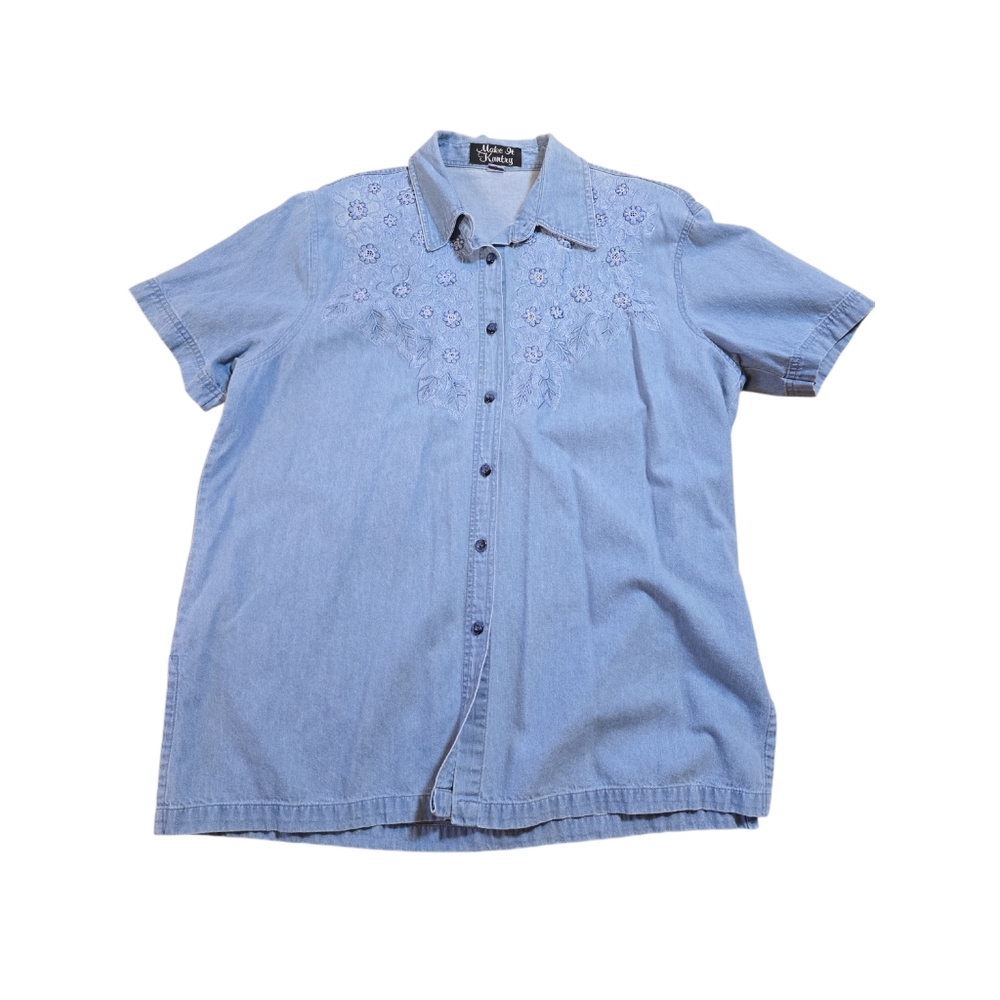 Vintage Make It Kuntry Y2K Embroidered Blue Button-Down Short Sleeve Shirt L